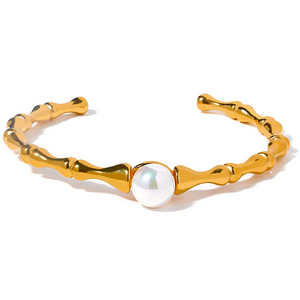 Stainless Steel Bamboo Cuff Bracelet Bangle Shell Pearl Texture