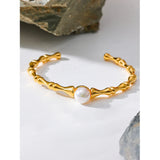 Stainless Steel Bamboo Cuff Bracelet Bangle Shell Pearl Texture