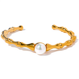 Stainless Steel Bamboo Cuff Bracelet Bangle Shell Pearl Texture