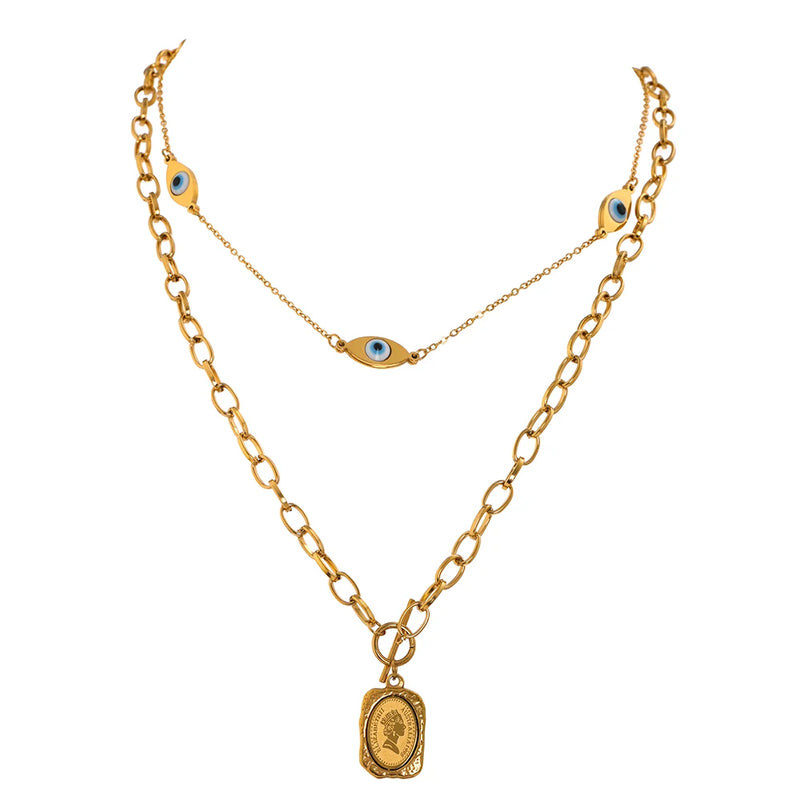 Portrait Head Pendant Necklace Stainless Steel Eye Chain Double Layered Jewelry