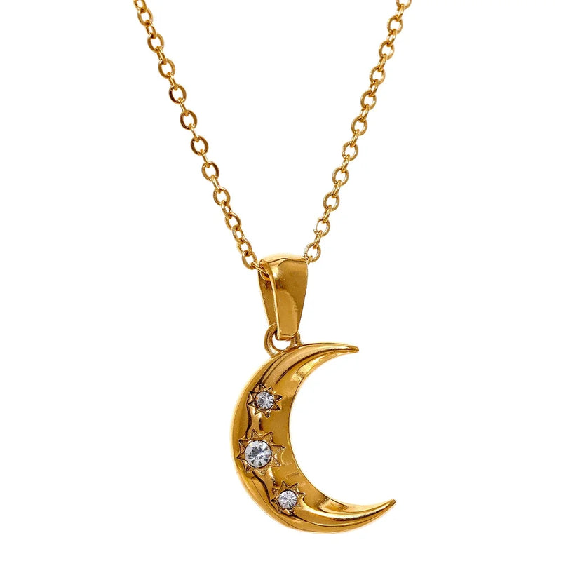 Romantic Moon Zircon CZ Pendant Necklace Golden Jewelry