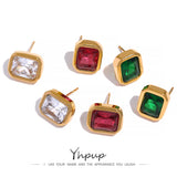Green CZ Stud Earrings Stainless Steel Waterproof Women Jewelry