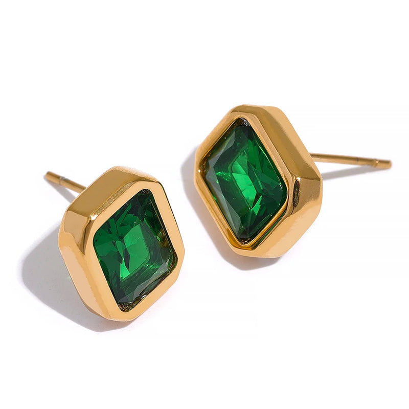 Green CZ Stud Earrings Stainless Steel Waterproof Women Jewelry