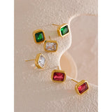 Green CZ Stud Earrings Stainless Steel Waterproof Women Jewelry