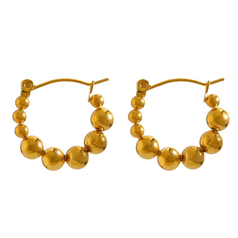 Stainless Steel Bead Hoop Earrings 18K Plated Round Hollow Earrings