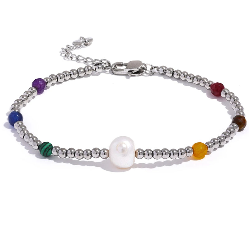 Stainless Steel Beads Bracelet Bangle Women Natural Stone Jewelry