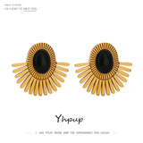 Sun Flower Stone Ear Clip Earrings Stainless Steel Golden Metal Statement
