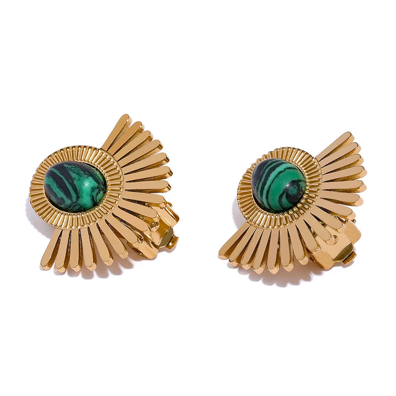Sun Flower Stone Ear Clip Earrings Stainless Steel Golden Metal Statement