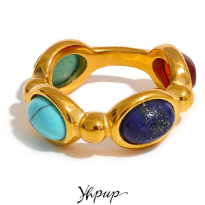 Colorful Natural Stone Agate Cast Vintage Charm Ring 316l Jewelry for Women