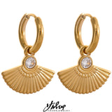 Stainless Steel Fan Drop Zircon Hoop Earrings Stylish Charm Jewelry