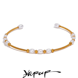 Stainless Steel Pearl Open Bracelet Bangle for Women Waterproof Charm Jewelry