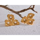 Stainless Steel Flower Fancy Stud Earrings Pearls Plant Stylish Jewelry