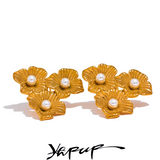 Stainless Steel Flower Fancy Stud Earrings Pearls Plant Stylish Jewelry