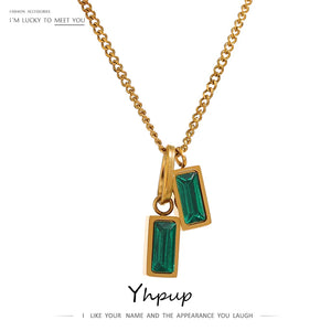 Stainless Steel Green CZ Pendant Necklace for Women