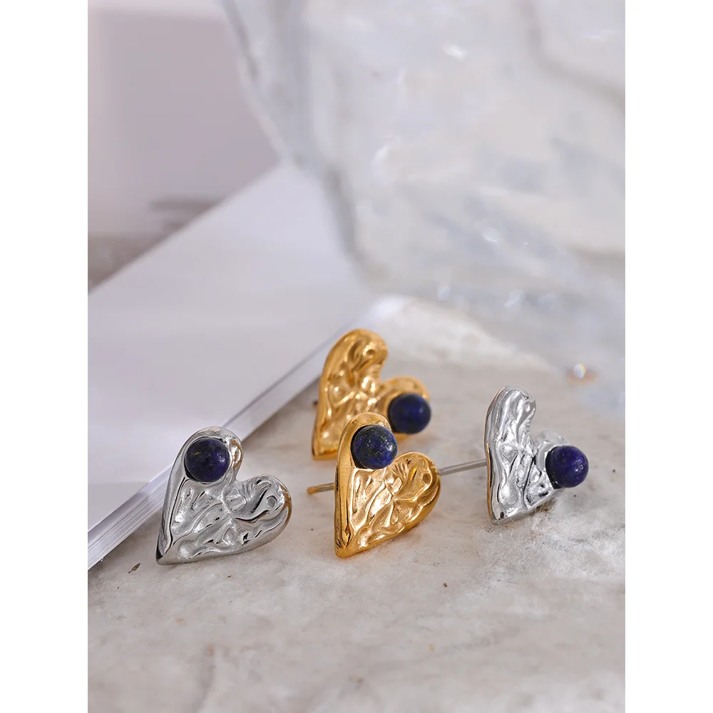 Vintage Silver Heart Love Stud Earrings with Natural Stone