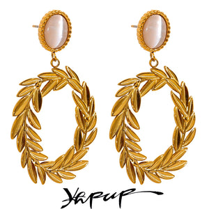 Golden Leaf Drop Earrings Natural Stone Jewelry Women Gala Gift
