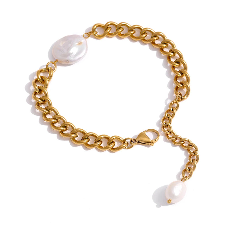 Stainless Steel Natural Pearl Bracelet Minimalist Chain Metal Women