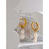 Stainless Steel Pearl Hoop Earrings Metal Texture Geometric Jewelry