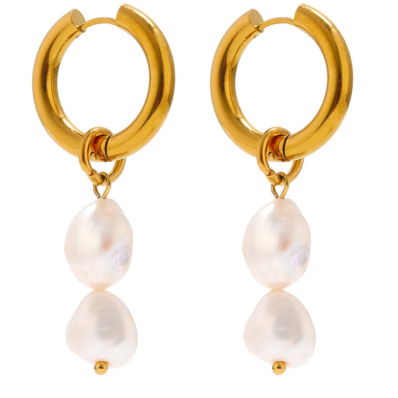 Stainless Steel Pearl Hoop Earrings Metal Texture Geometric Jewelry