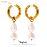 Stainless Steel Pearl Hoop Earrings Metal Texture Geometric Jewelry