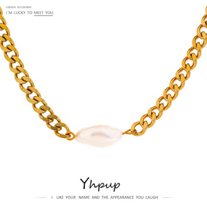 Stainless Steel Natural Pearl Necklace - Golden Texture