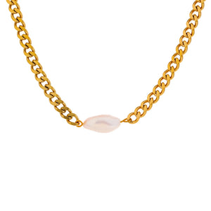 Stainless Steel Natural Pearl Necklace - Golden Texture