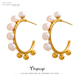 Stainless Steel Pearl Stud Earrings High Metal Golden Women Gift