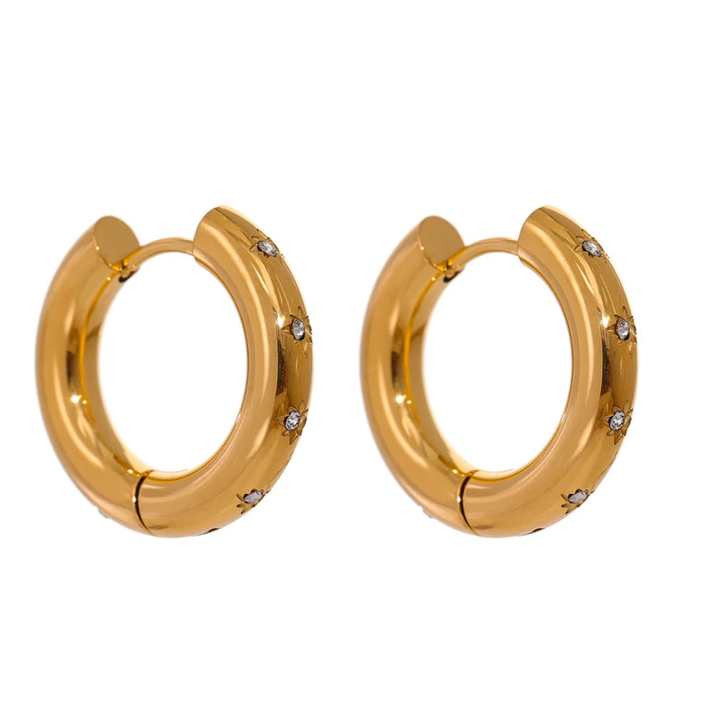 Stainless Steel Round Star CZ Hoop Earrings Golden Huggie