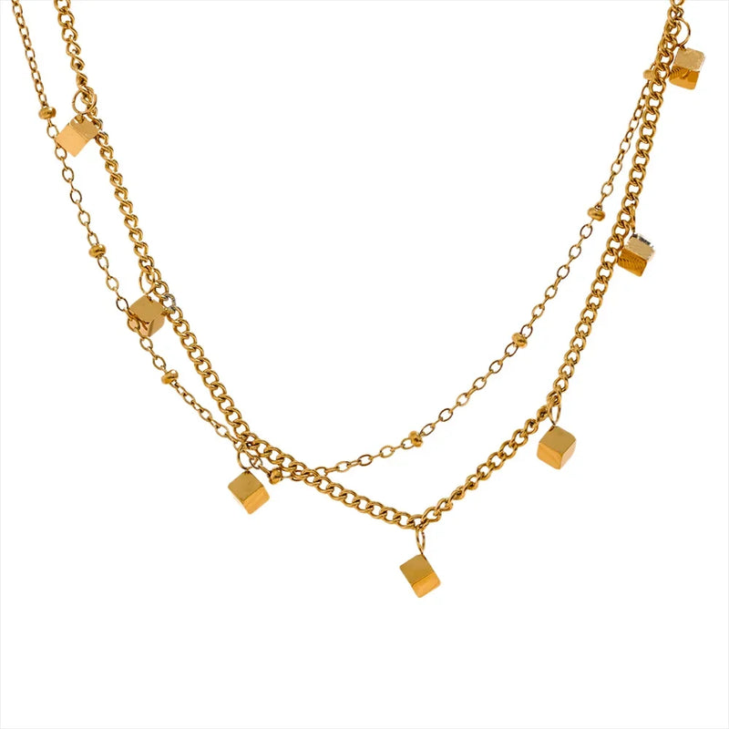 Stainless Steel Square Drop Chain Double Layered Overlay Necklace