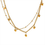 Stainless Steel Square Drop Chain Double Layered Overlay Necklace