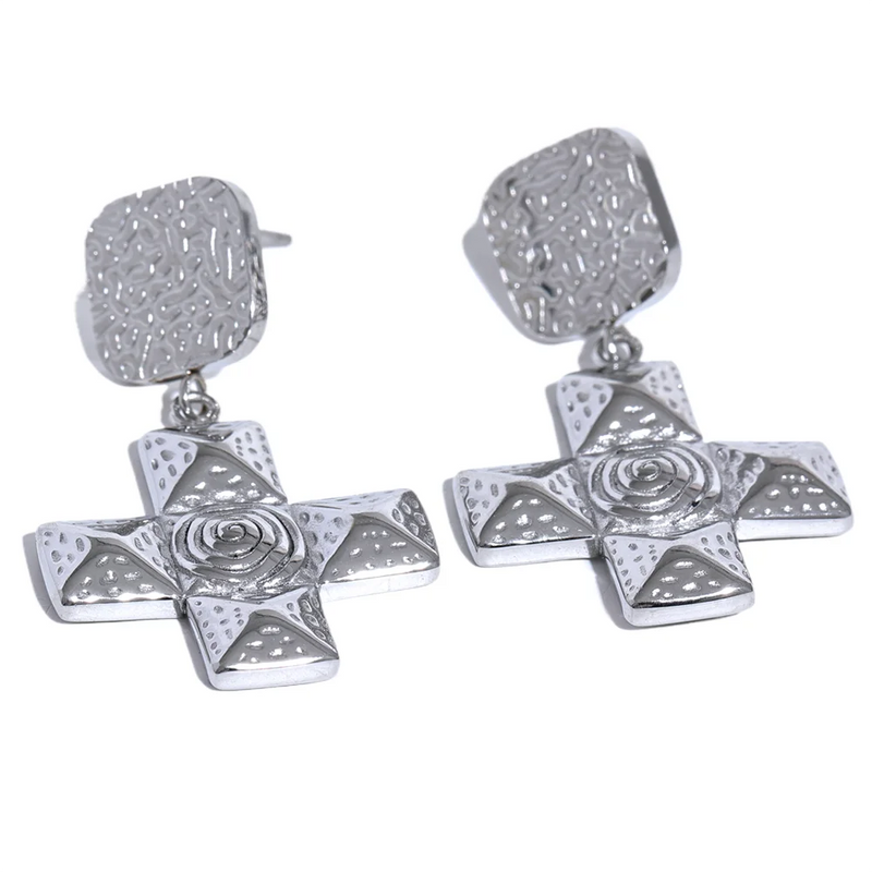 Vintage Stainless Steel Square Cross Drop Earrings 18K Plated Daily Jewelry