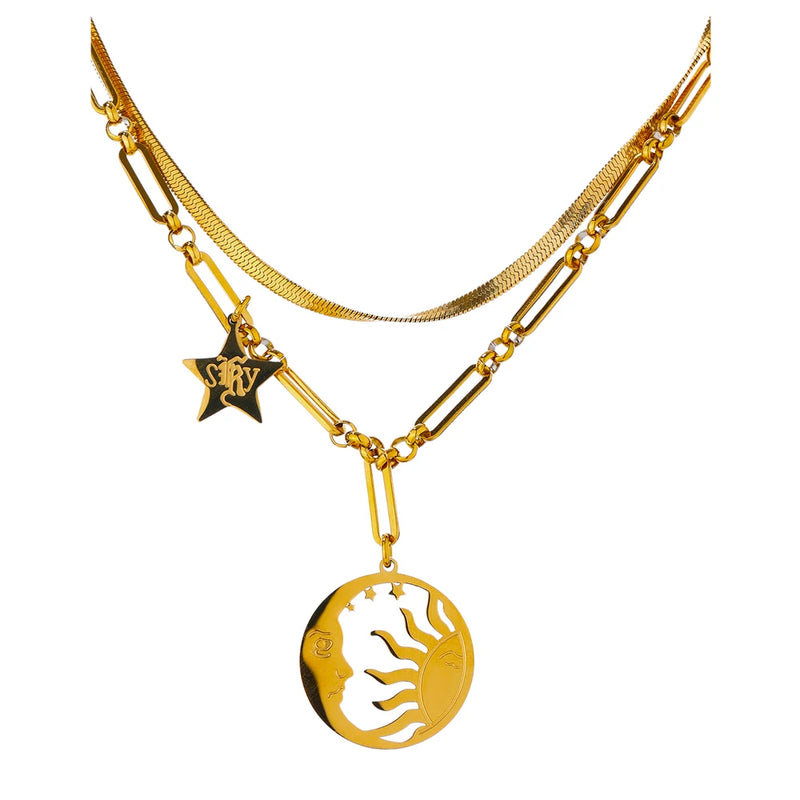 Stars Moon Pendant Necklace Stainless Steel Metal 18K Plated Chain Choker