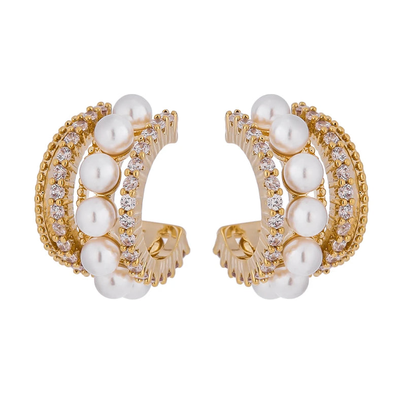Pearls Geometric Stud Earrings with CZ - Stylish Women's Jewelry