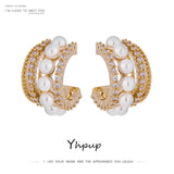 Pearls Geometric Stud Earrings with CZ - Stylish Women's Jewelry