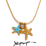 Summer Starfish CZ Pendant Necklace Stainless Steel Girl Waterproof Jewelry