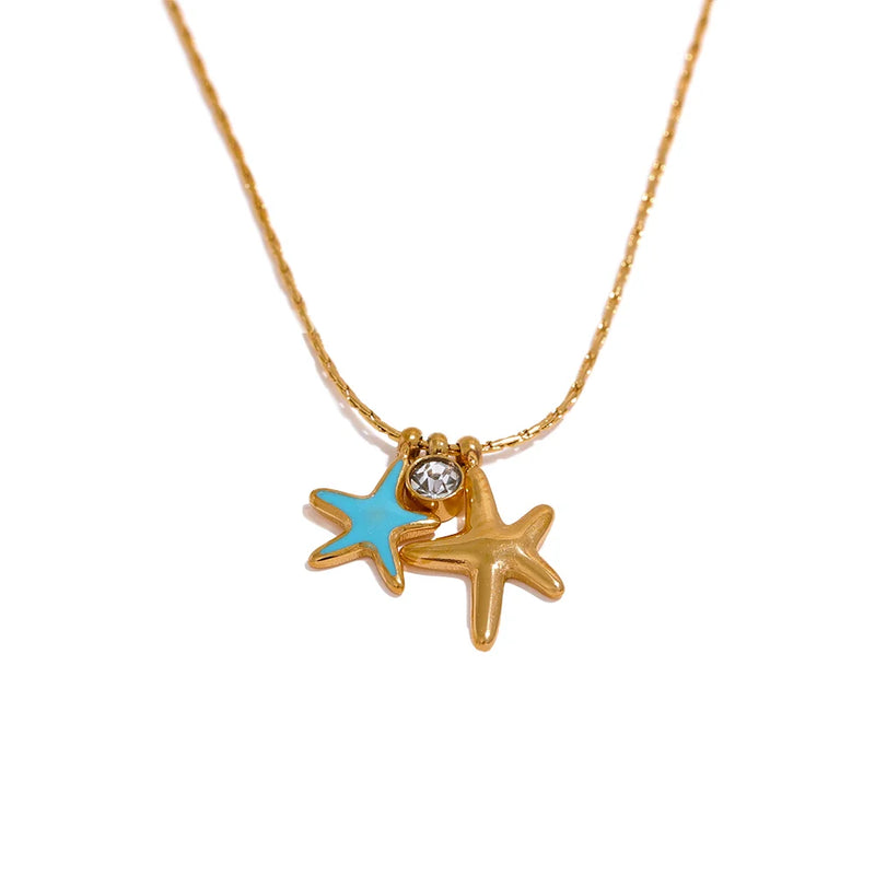 Summer Starfish CZ Pendant Necklace Stainless Steel Girl Waterproof Jewelry