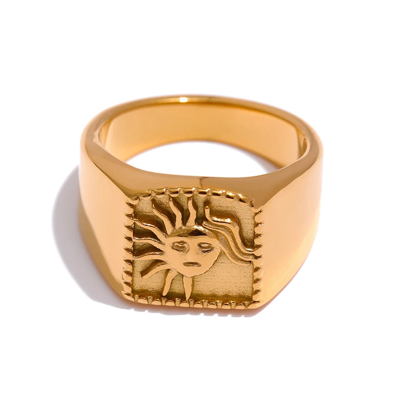 Golden Texture Sun Ring Stainless Steel Charm Jewelry