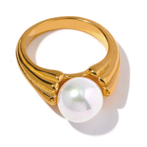 Vintage Stainless Steel Shell Pearl Ring 18K Charm Jewelry for Women
