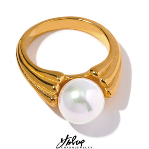 Vintage Stainless Steel Shell Pearl Ring 18K Charm Jewelry for Women