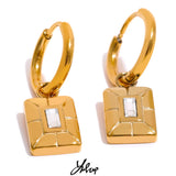 Square Geometric Drop Stainless Steel Golden Charm Hoop Earrings