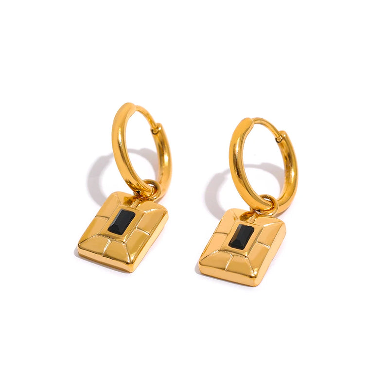 Square Geometric Drop Stainless Steel Golden Charm Hoop Earrings