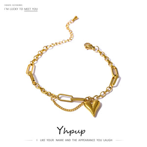 Heart Double Layered Bracelet Stainless Steel Metal Texture Stylish Charm