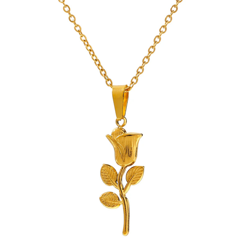 Metal Rose Flower Pendant Necklace 316 Stainless Steel Waterproof Jewelry