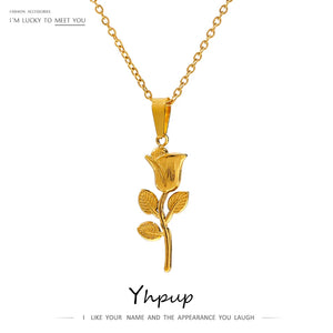 Metal Rose Flower Pendant Necklace 316 Stainless Steel Waterproof Jewelry
