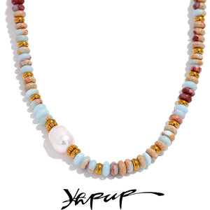 Natural Stone Freshwater Pearl Collar Necklace Chain Steel Beads Jewelry