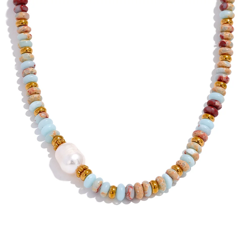 Natural Stone Freshwater Pearl Collar Necklace Chain Steel Beads Jewelry
