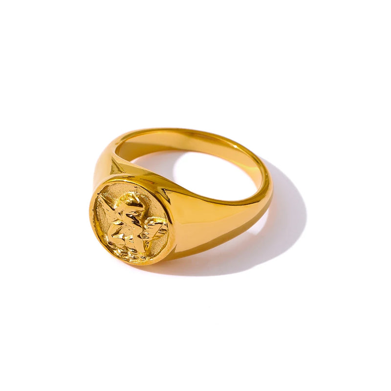 Round Angel Ring for Women Stainless Steel Waterproof Charm Jewelry