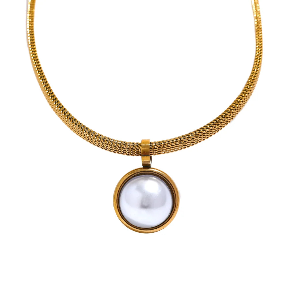 Vintage Pearl Round Pendant Stainless Steel Choker Necklace Women