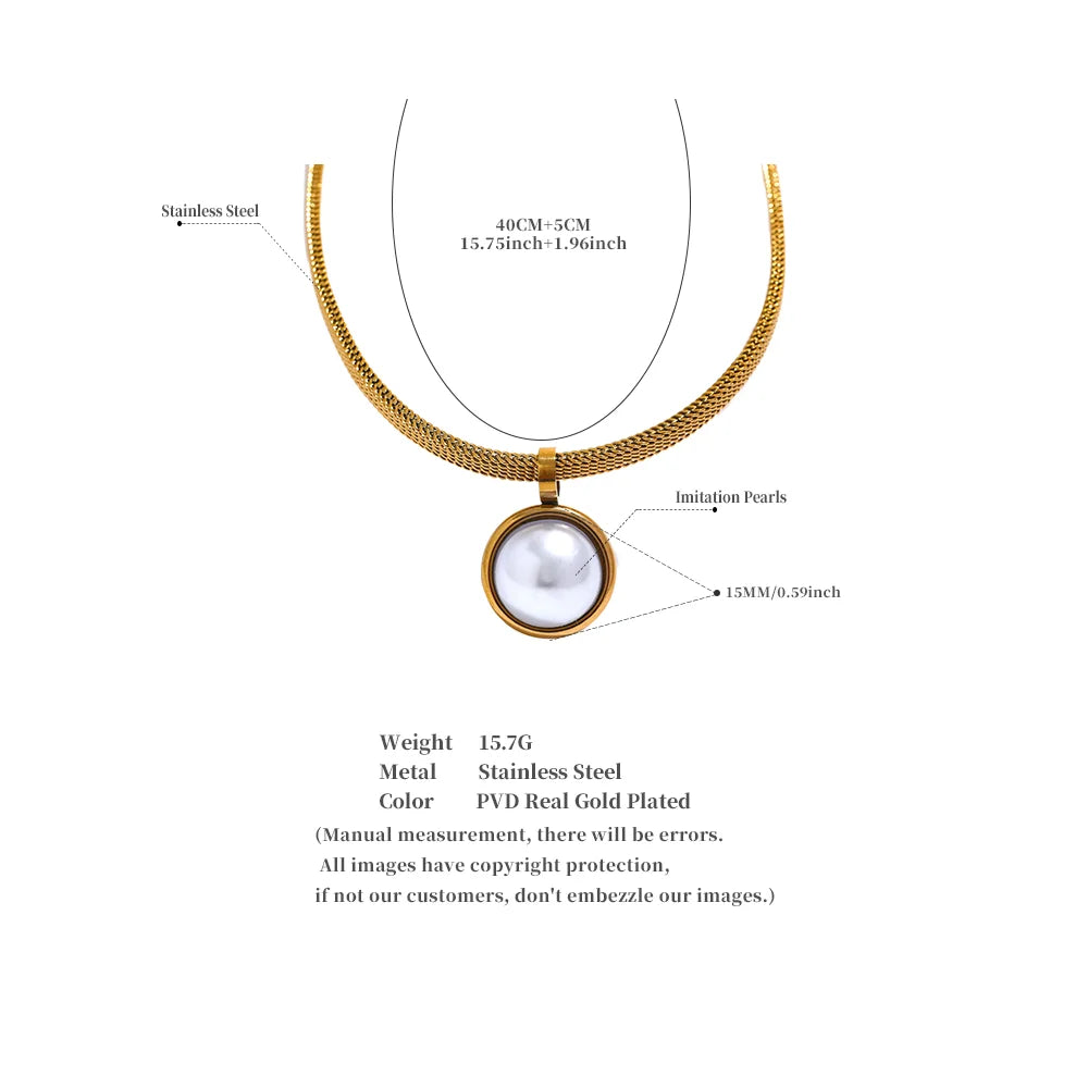 Vintage Pearl Round Pendant Stainless Steel Choker Necklace Women