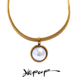 Vintage Pearl Round Pendant Stainless Steel Choker Necklace Women